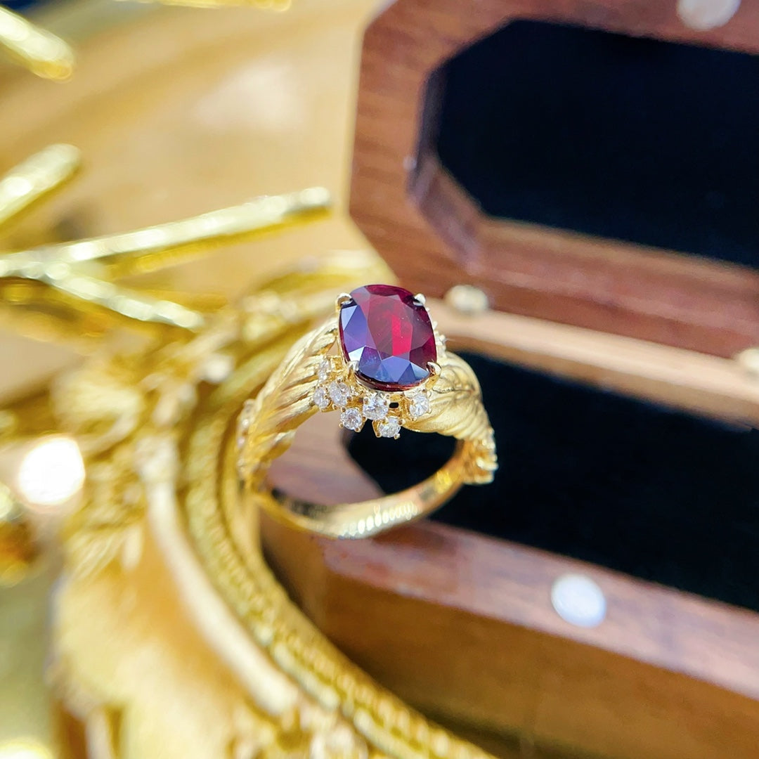 18K Unburned Ruby Feather Ring with AIGS Certificate - Premium Jewelry - Red Treasure Ring