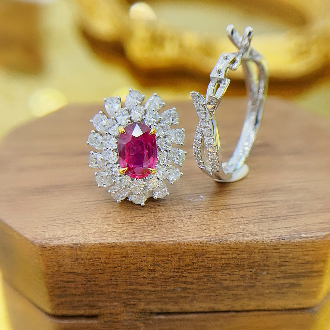 18K Unburned Ruby Oval & Drop Shape Two-Way Wear Jewelry - Red Treasure Ring