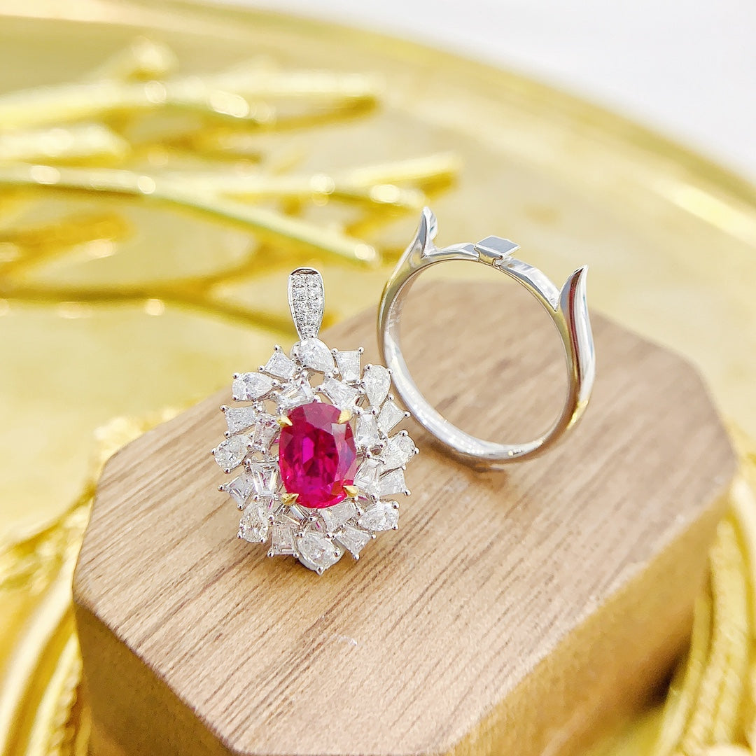 18K Unheated Ruby Ellipse Two-Way Wear Jewelry - Red Treasure Ring