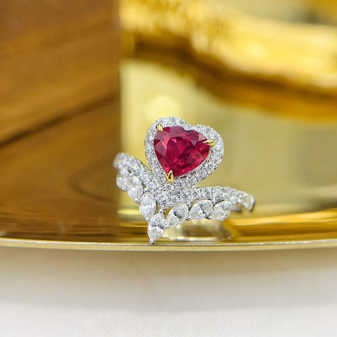 18K Unheated Ruby Heart-shaped Crown Ring | Premium Jewelry - Red Treasure Ring