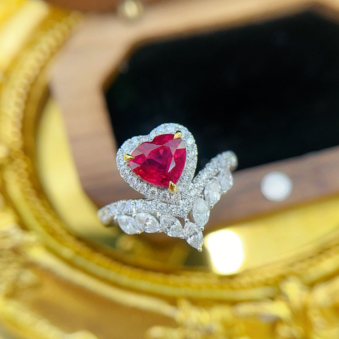 18K Unheated Ruby Heart-shaped Crown Ring | Premium Jewelry - Red Treasure Ring