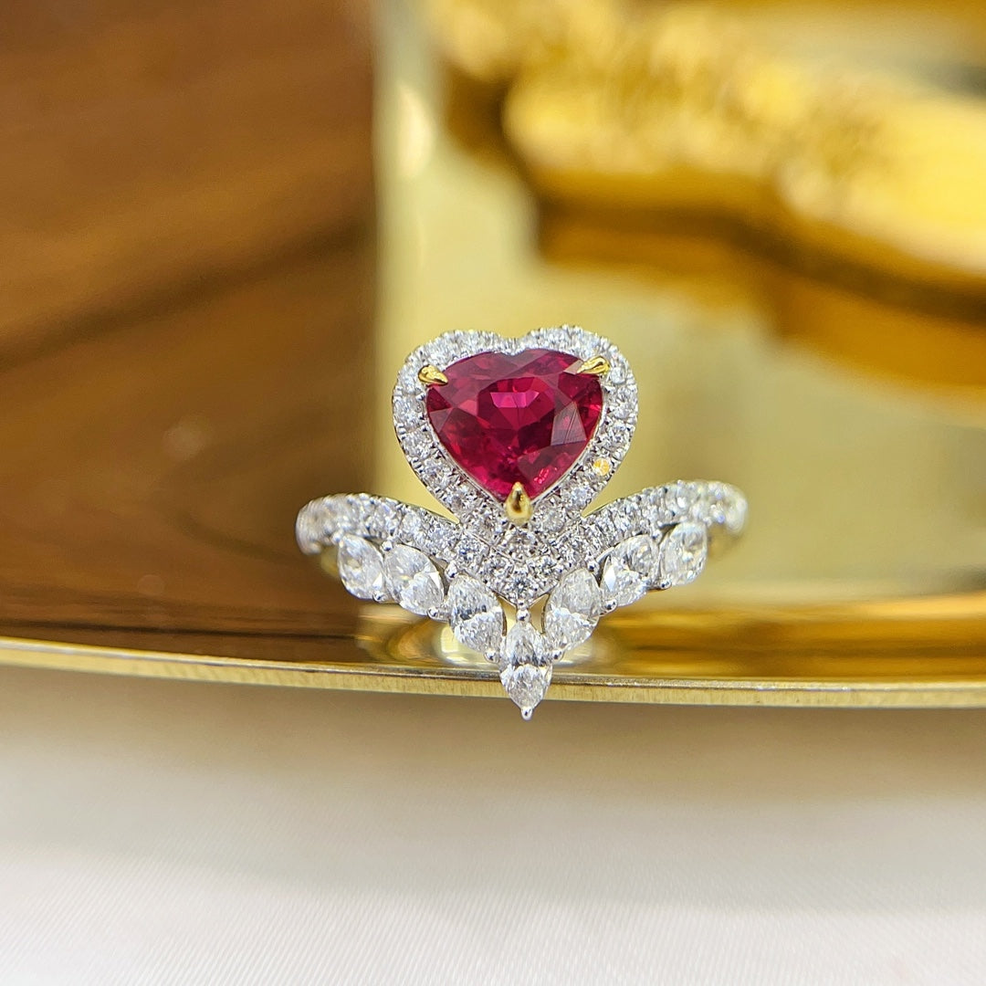 18K Unheated Ruby Heart-shaped Crown Ring | Premium Jewelry - Red Treasure Ring