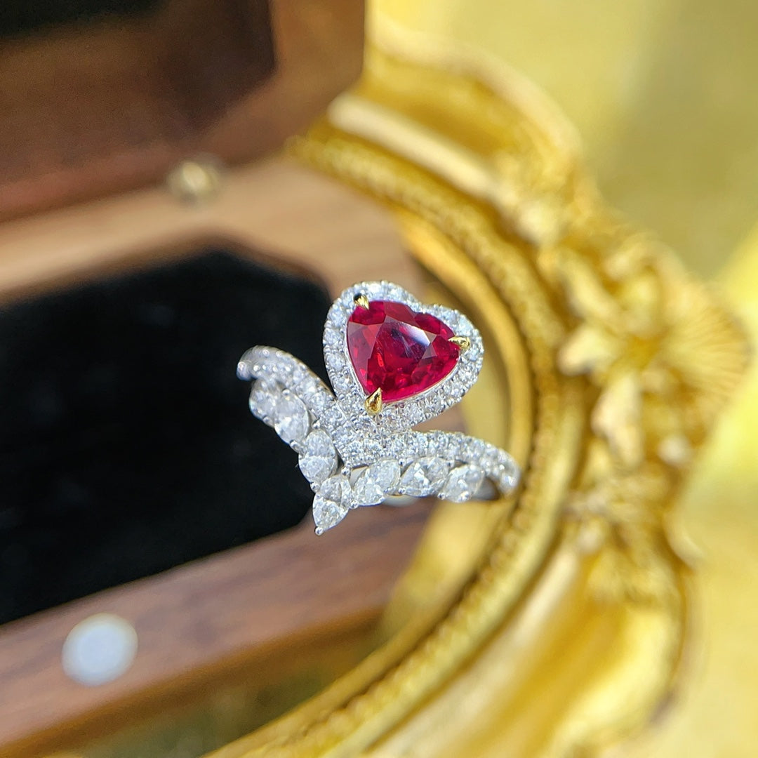 18K Unheated Ruby Heart-shaped Crown Ring | Premium Jewelry - Red Treasure Ring