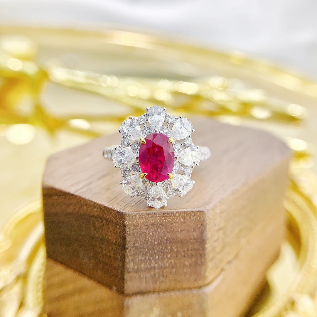 18K Unheated Ruby Oval & Drop Shape Two-Way Wear Jewelry - Red Treasure Ring