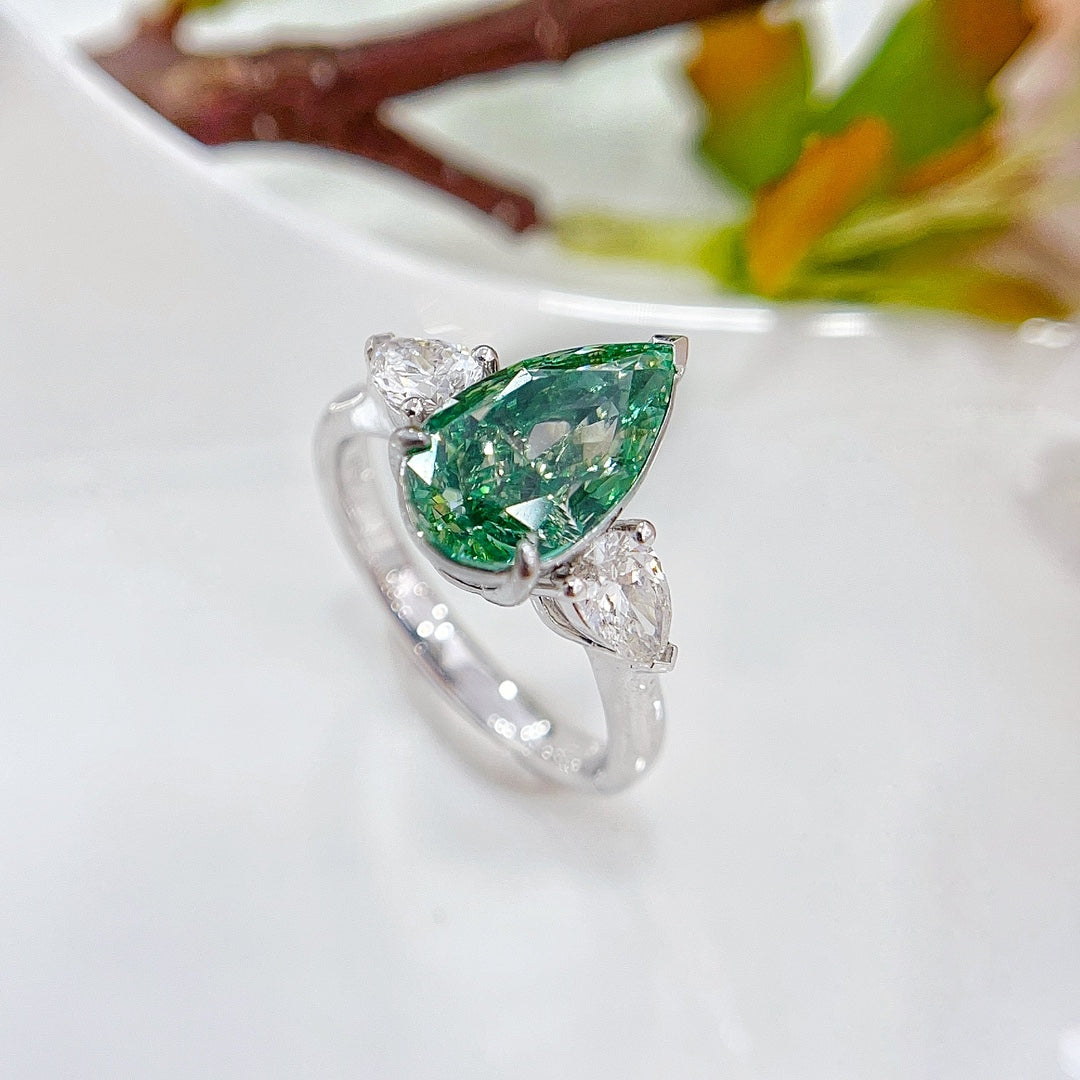 18K White and Green Diamond GIA Teardrop Double Stone Ring - GIA Green Diamond Ring