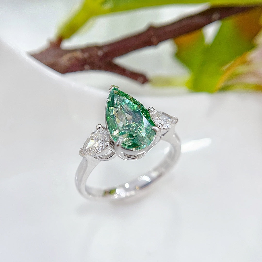 18K White and Green Diamond GIA Teardrop Double Stone Ring - GIA Green Diamond Ring