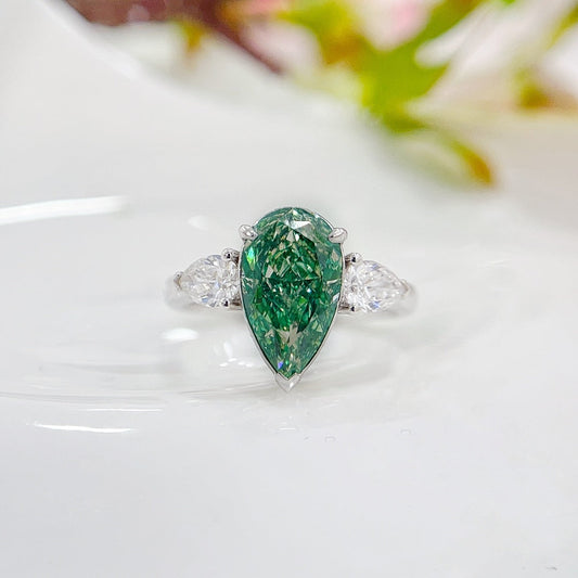 18K White and Green Diamond GIA Teardrop Double Stone Ring - GIA Green Diamond Ring