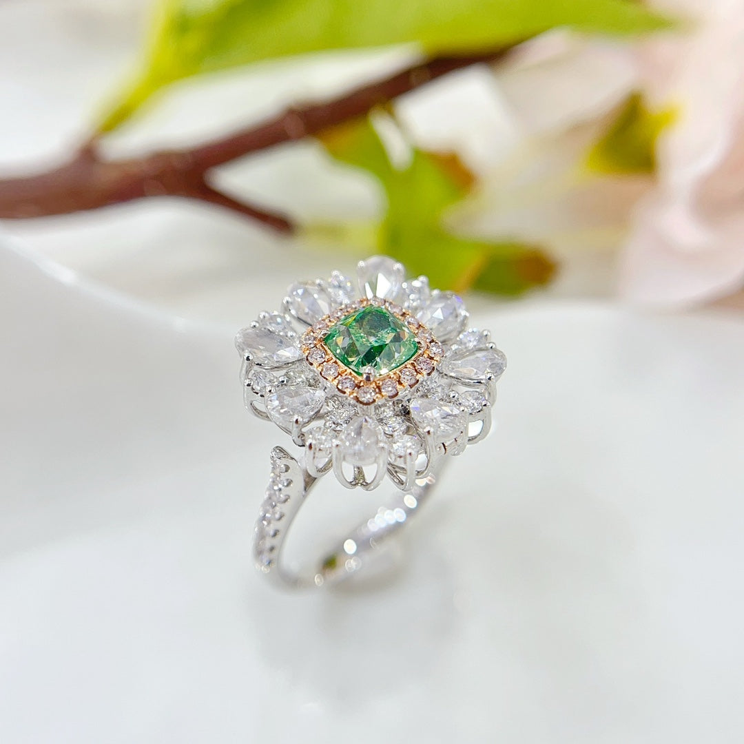 18K White and Green Diamond Pillow-Shaped Rose-Cut Pendant with Dual-Wear Design - Premium Jewelry - Green Diamond Ring