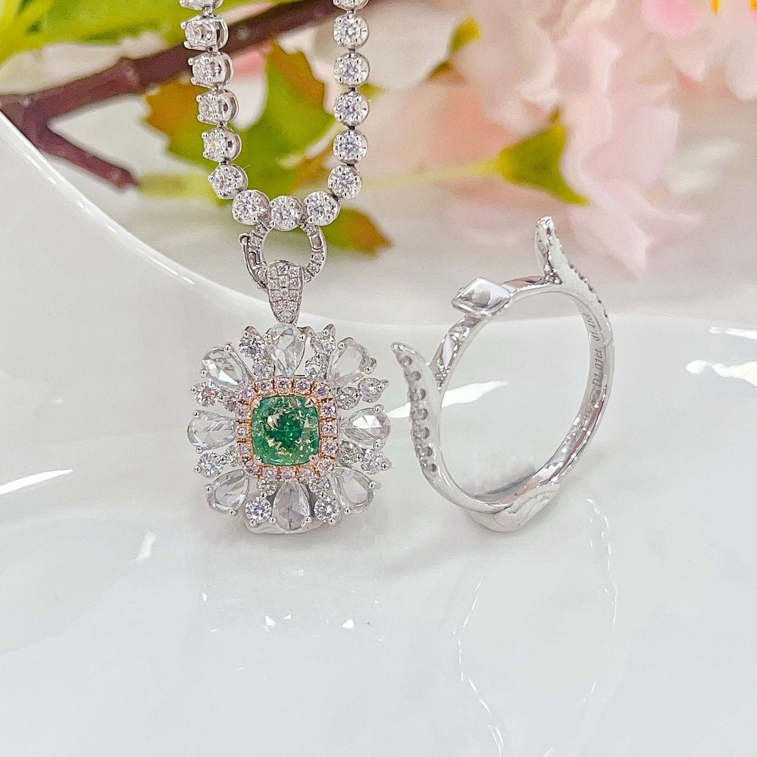 18K White and Green Diamond Pillow-Shaped Rose-Cut Pendant with Dual-Wear Design - Premium Jewelry - Green Diamond Ring