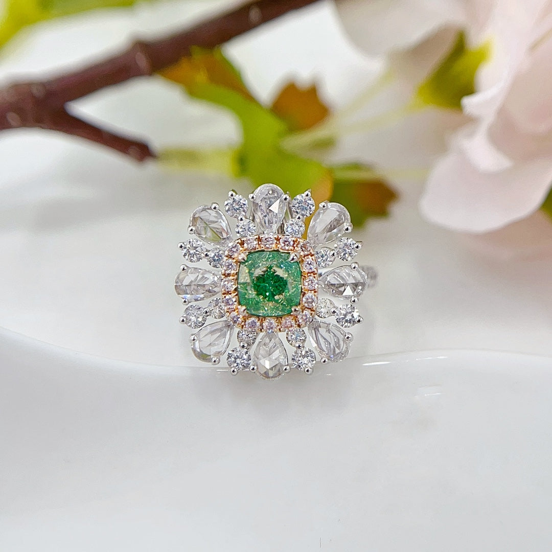 18K White and Green Diamond Pillow-Shaped Rose-Cut Pendant with Dual-Wear Design - Premium Jewelry - Green Diamond Ring