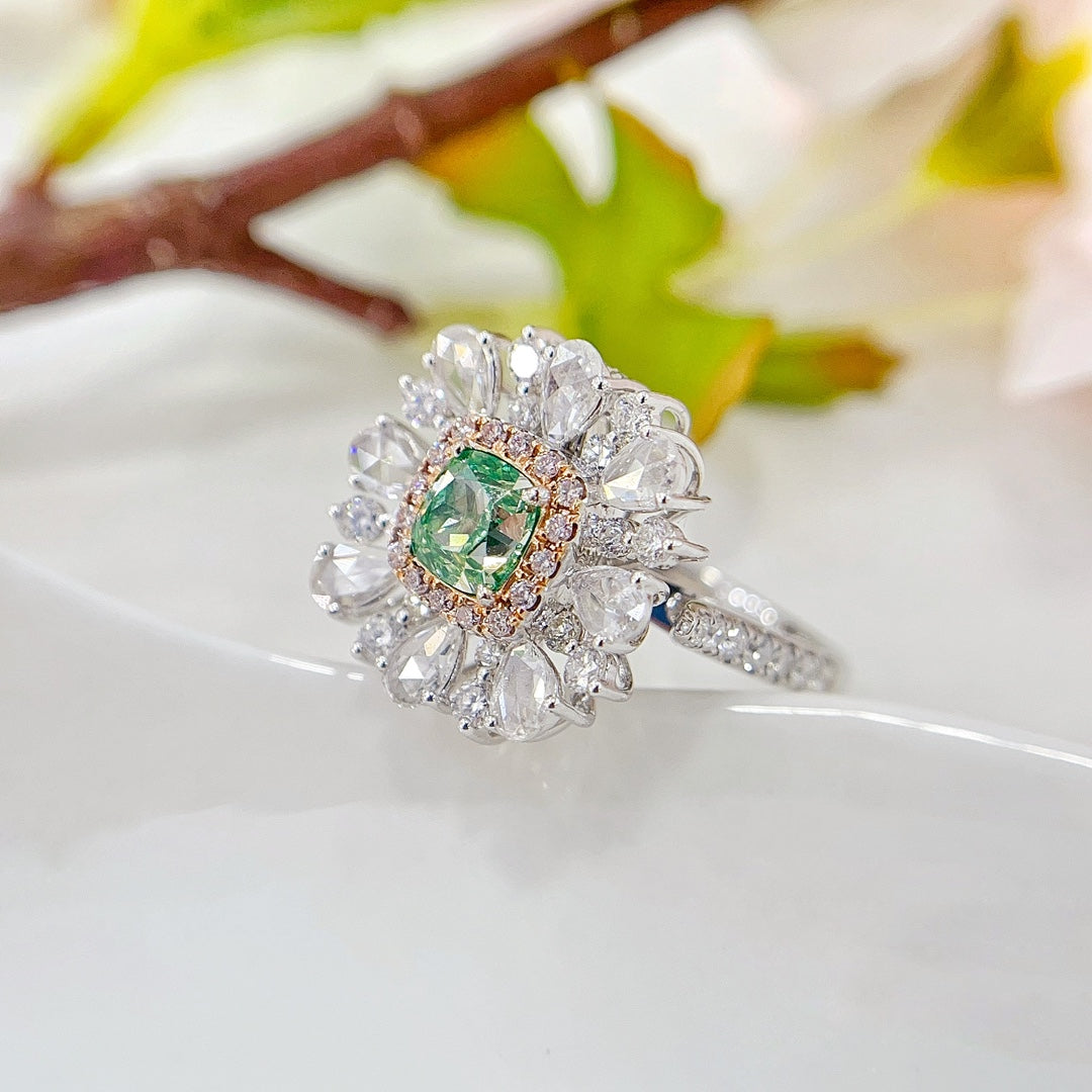 18K White and Green Diamond Pillow-Shaped Rose-Cut Pendant with Dual-Wear Design - Premium Jewelry - Green Diamond Ring