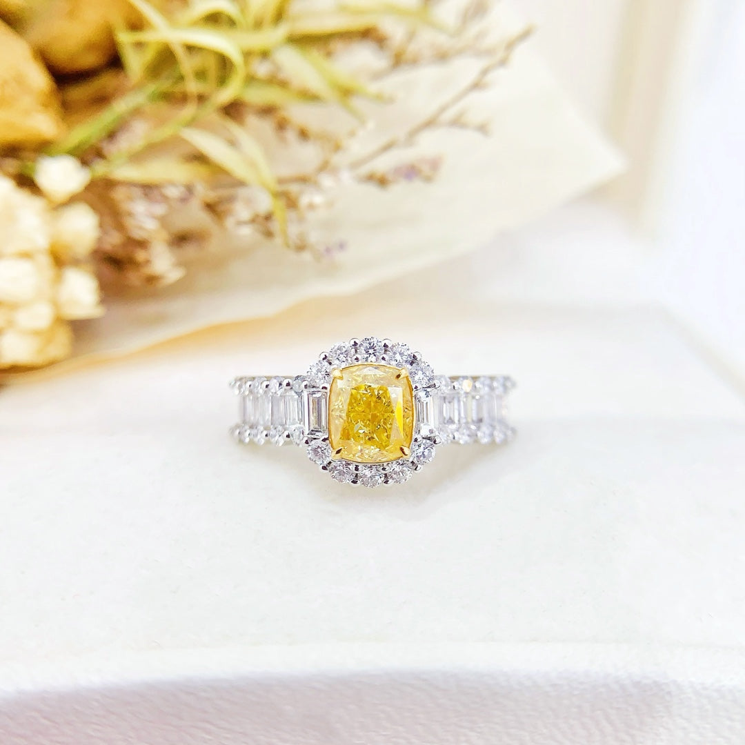 18K White and Yellow Diamond Cushion-Shaped Halo Ring | Premium Jewelry - Yellow Diamond Ring