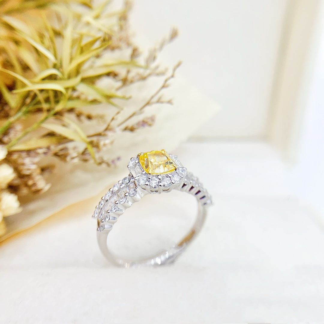 18K White and Yellow Diamond Cushion-Shaped Halo Ring | Premium Jewelry - Yellow Diamond Ring