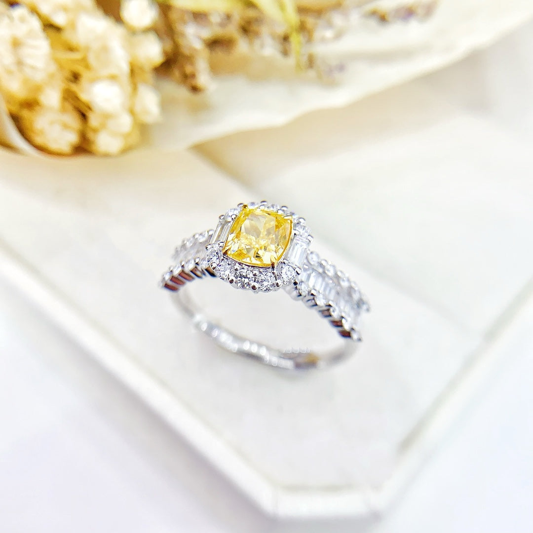 18K White and Yellow Diamond Cushion-Shaped Halo Ring | Premium Jewelry - Yellow Diamond Ring