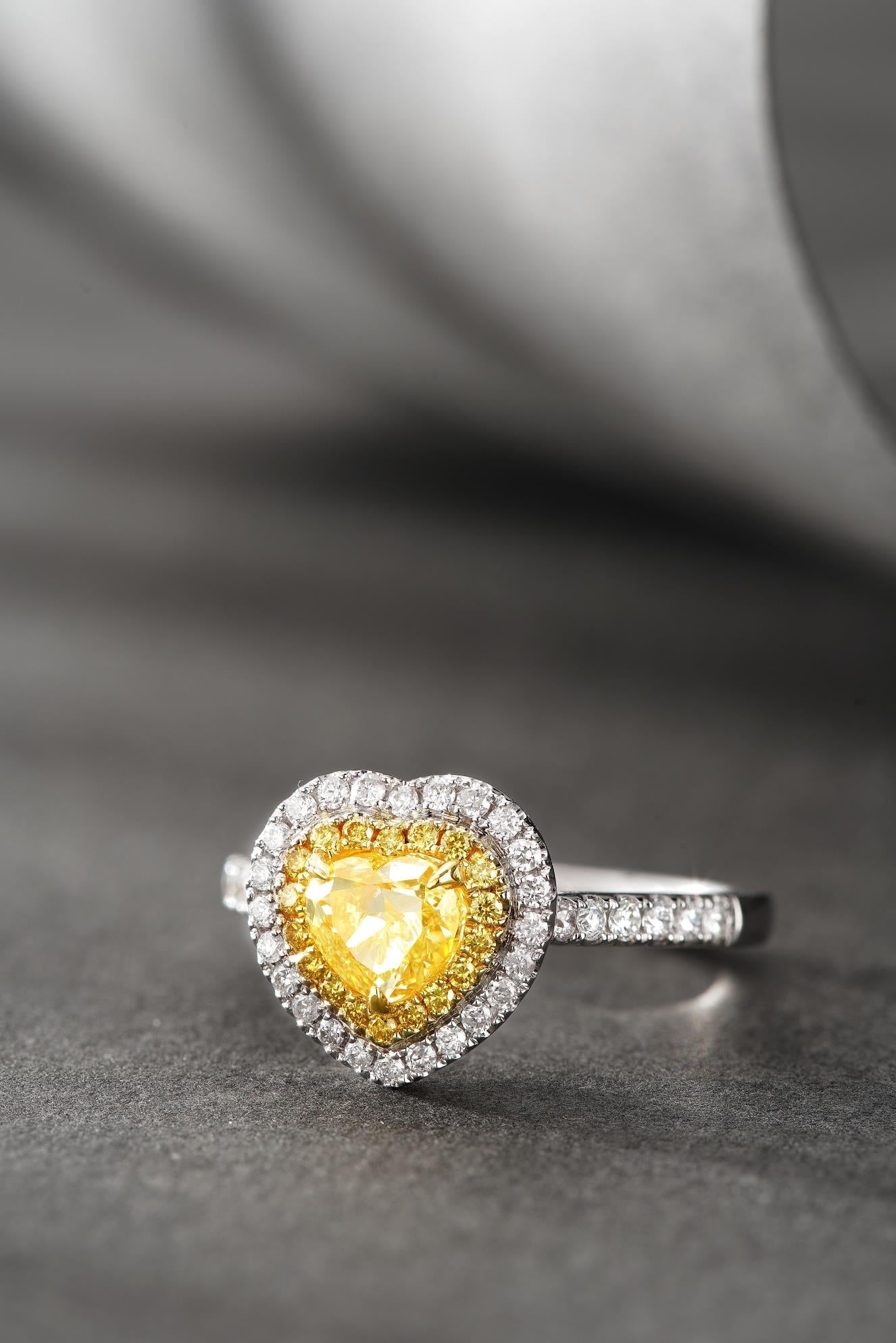 18K White and Yellow Gold Diamond Heart-Shaped Halo Ring - Premium Jewelry - Yellow Diamond Ring