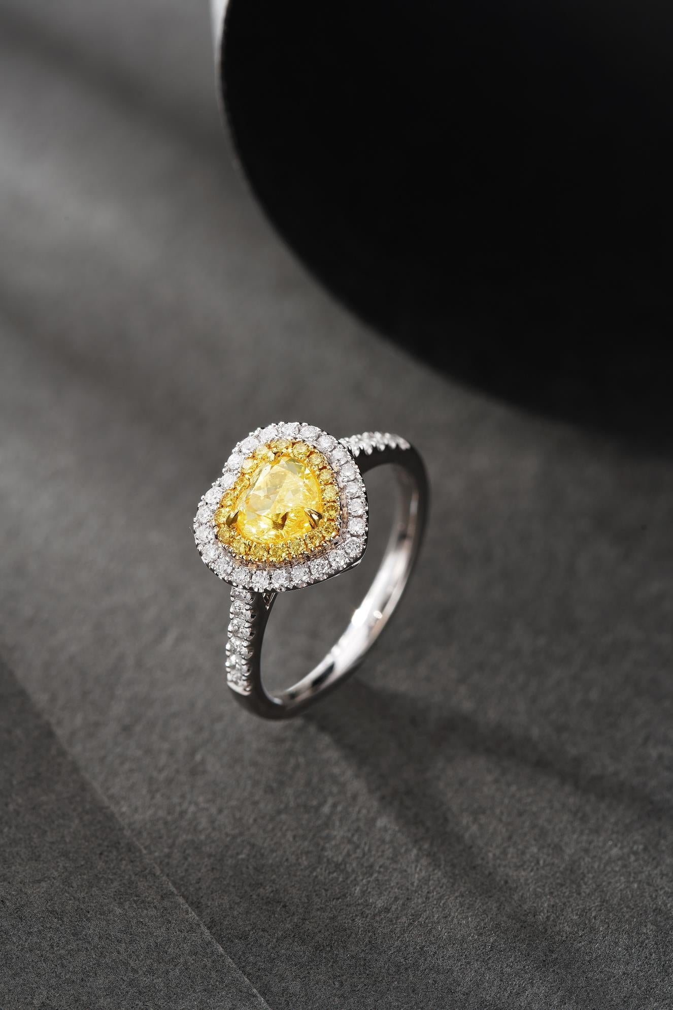 18K White and Yellow Gold Diamond Heart-Shaped Halo Ring - Premium Jewelry - Yellow Diamond Ring