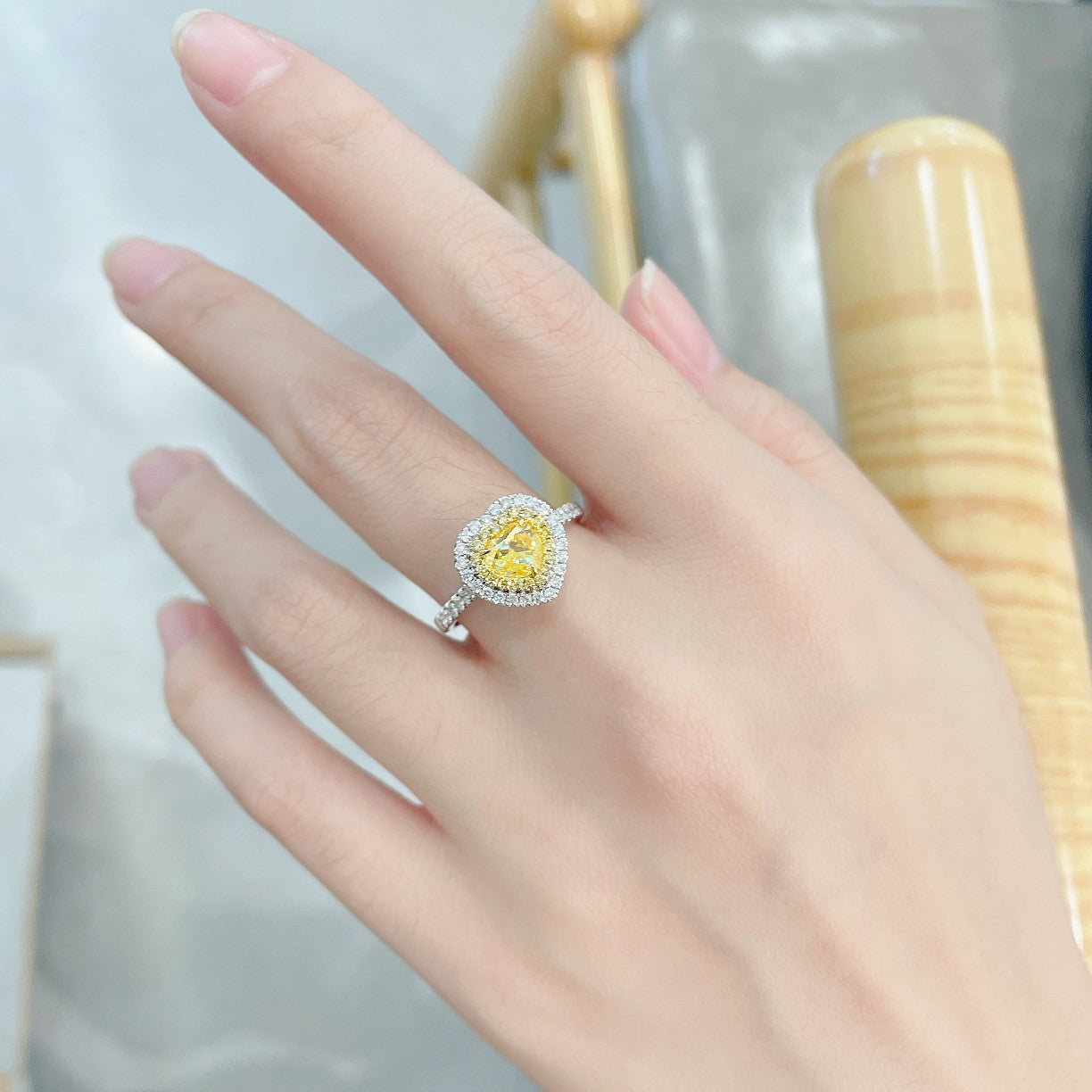 18K White and Yellow Gold Diamond Heart-Shaped Halo Ring - Premium Jewelry - Yellow Diamond Ring