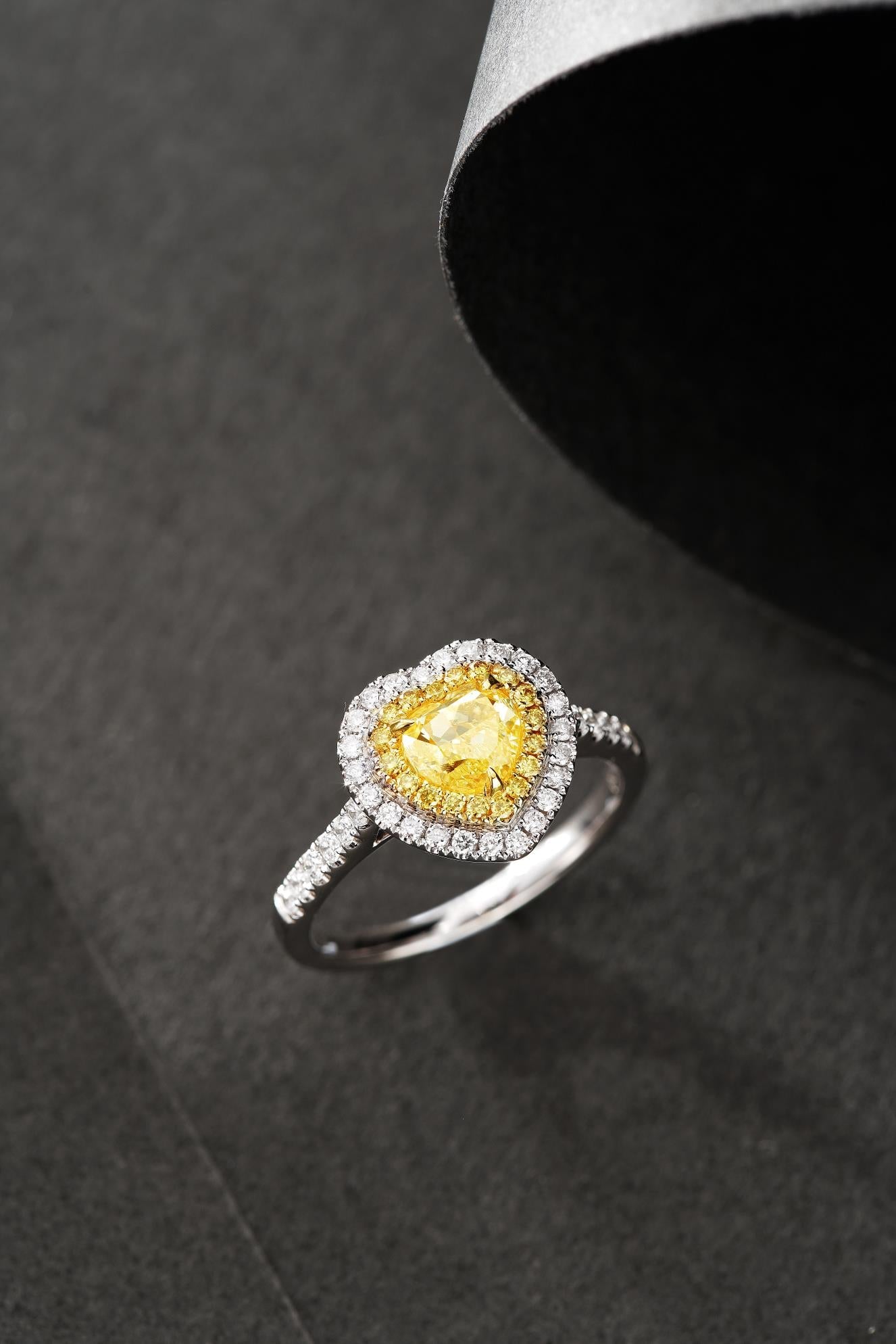 18K White and Yellow Gold Diamond Heart-Shaped Halo Ring - Premium Jewelry - Yellow Diamond Ring