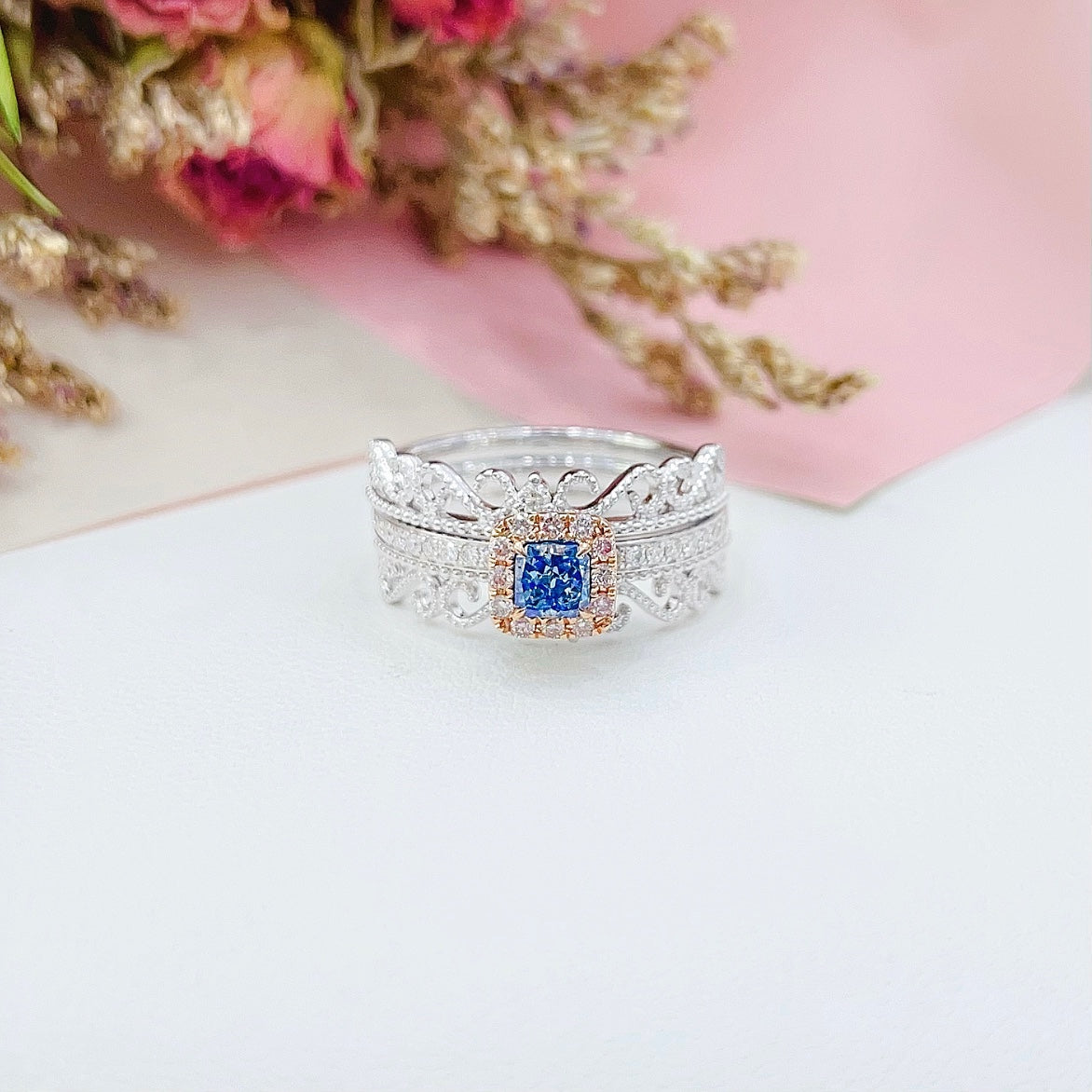 18K White Gold Blue Diamond Pillow-Shaped Lace Ring with AGL Certificate | Premium Jewelry - Blue Diamond Ring