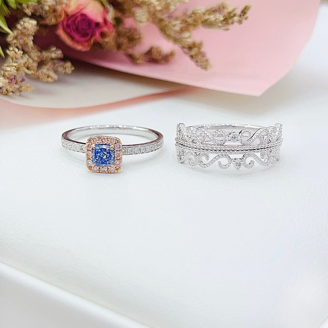 18K White Gold Blue Diamond Pillow-Shaped Lace Ring with AGL Certificate | Premium Jewelry - Blue Diamond Ring