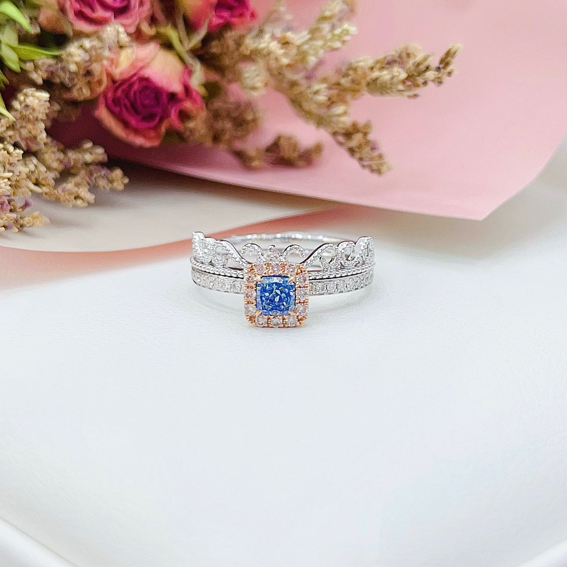 18K White Gold Blue Diamond Pillow-Shaped Lace Ring with AGL Certificate | Premium Jewelry - Blue Diamond Ring