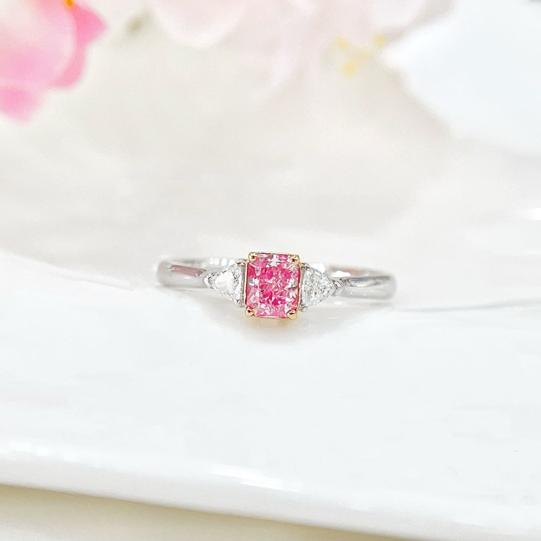 18K White Gold Diamond Pillow-Shaped Double Triangle Ring - Premium Jewelry - Pink Diamond Ring