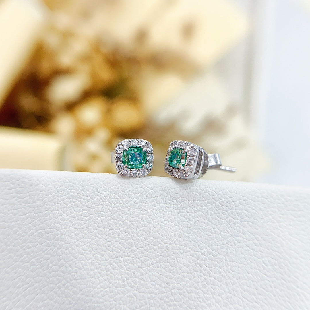 18K White Gold Green Diamond Cushion-Cut Halo Earrings Jeweler.Jewelry