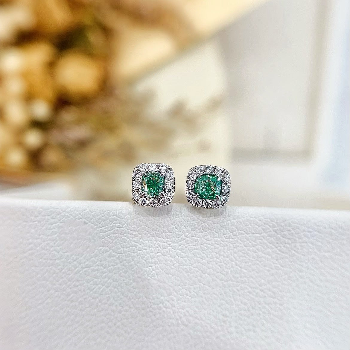 18K White Gold Green Diamond Cushion-Cut Halo Earrings Jeweler.Jewelry