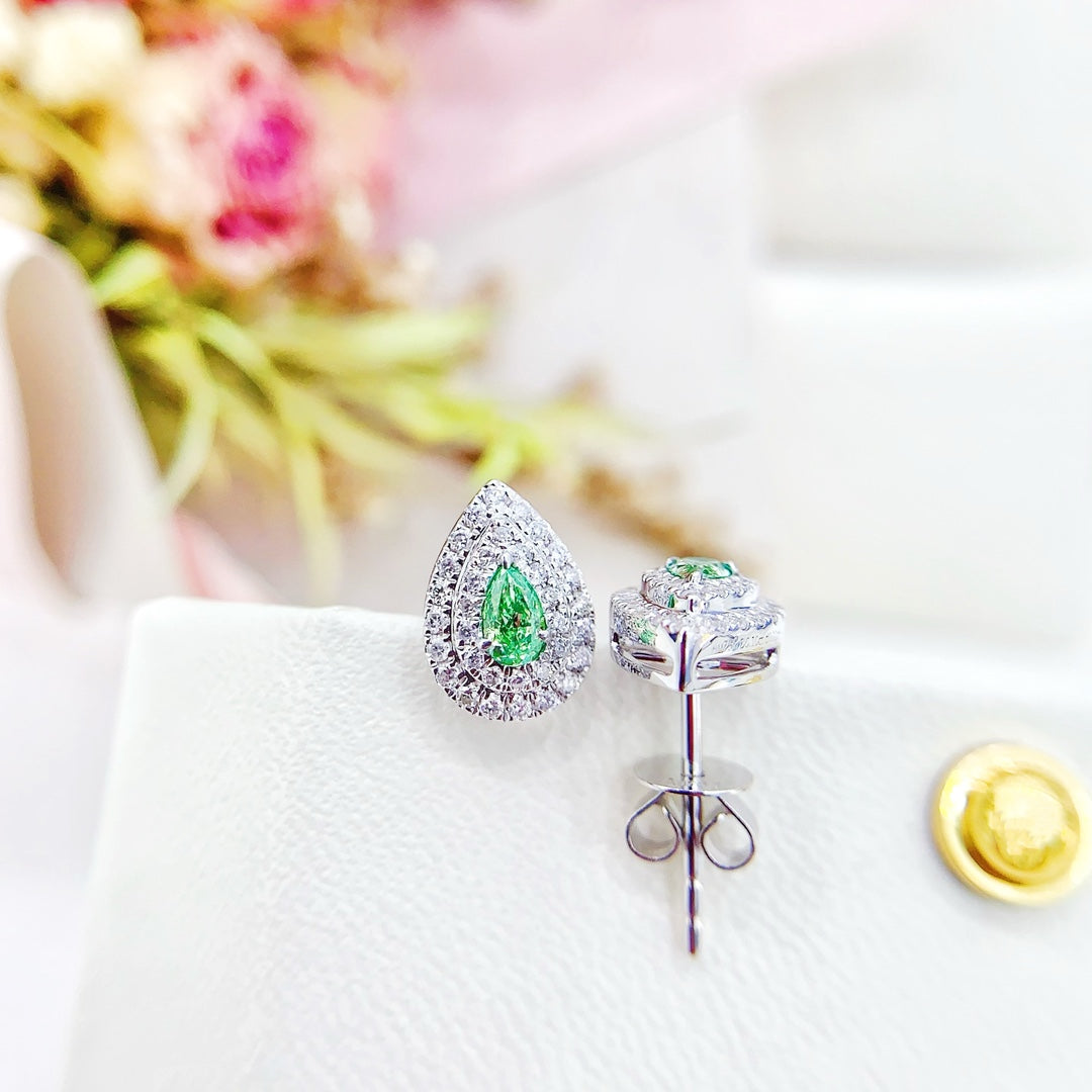 18K White Gold Green Diamond Drop Earrings with Surrounding Diamonds - ED002-G Jeweler.Jewelry