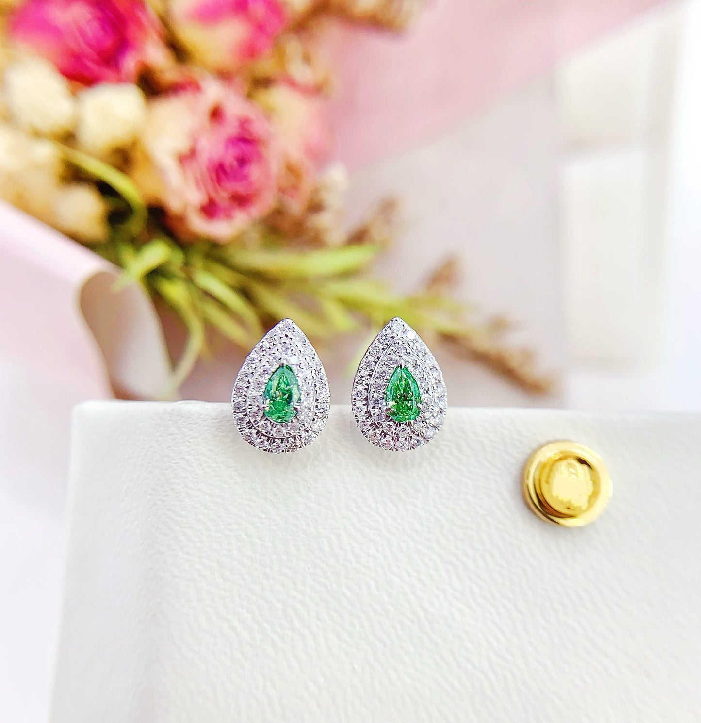 18K White Gold Green Diamond Drop Earrings with Surrounding Diamonds - ED002-G Jeweler.Jewelry