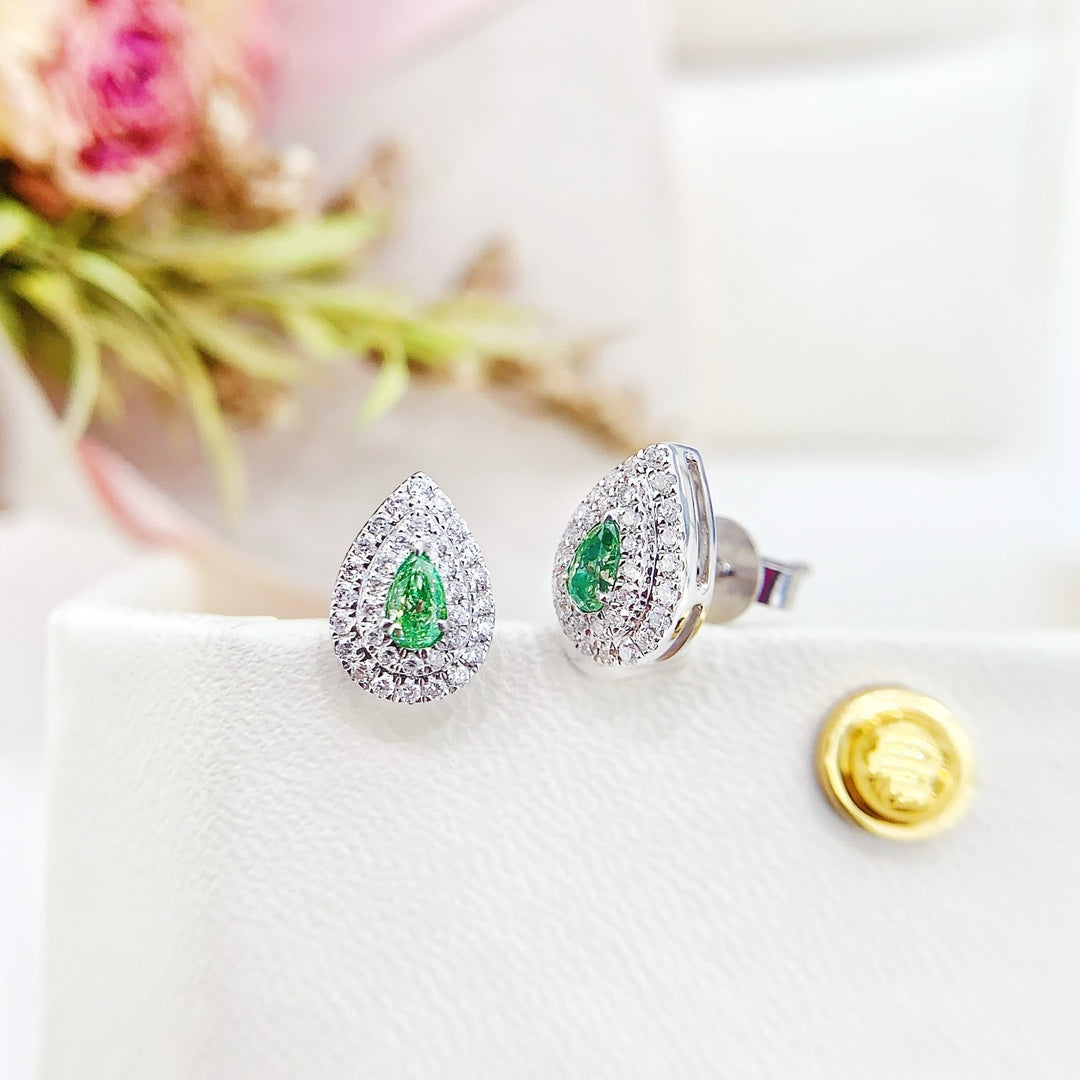 18K White Gold Green Diamond Drop Earrings with Surrounding Diamonds - ED002-G Jeweler.Jewelry