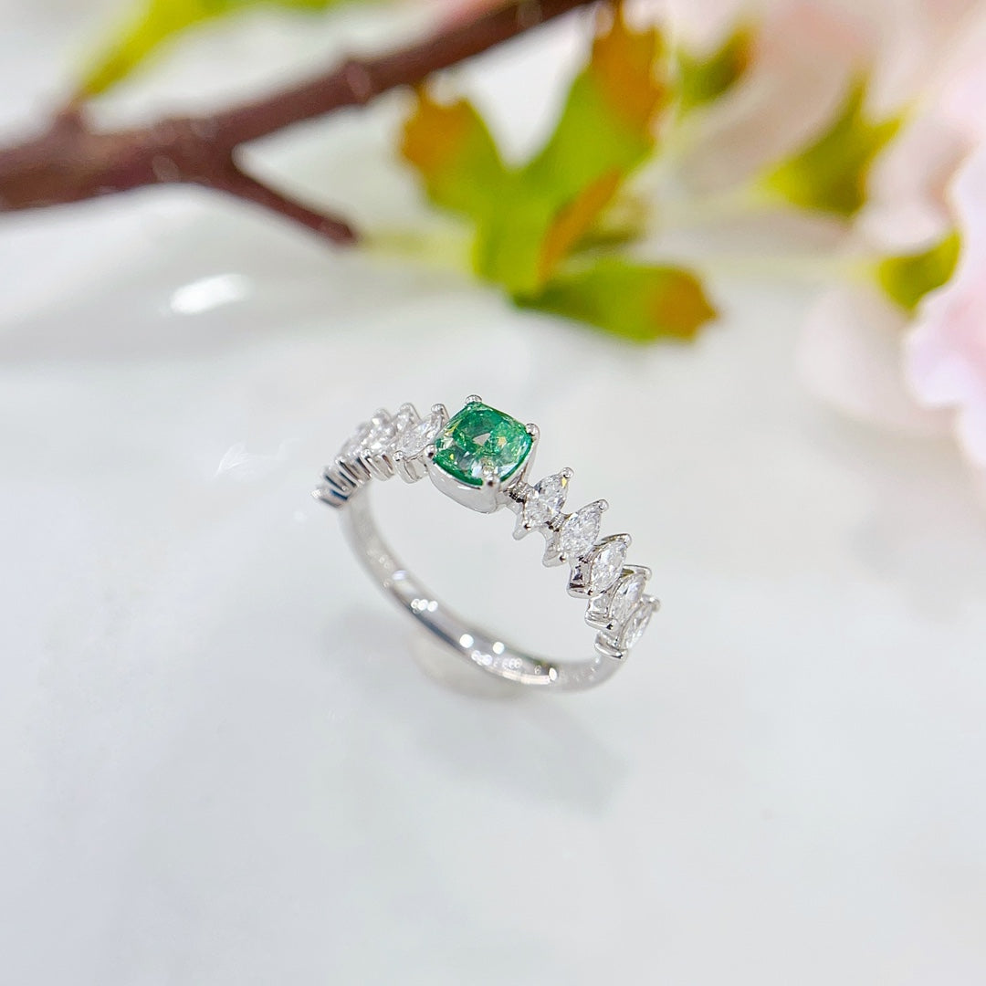 18K White Gold Green Diamond Marquise and Oval Arm Ring - Luxury Jewelry - Green Diamond Ring