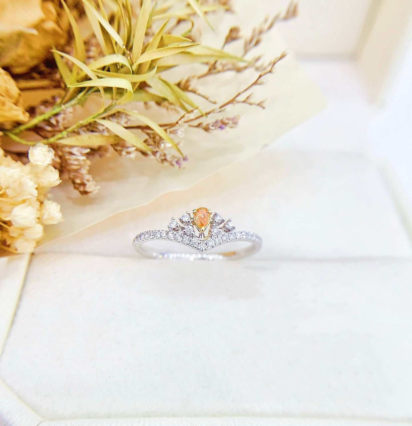 18K White Gold Orange Diamond Delicate Crown Ring - Premium Jewelry - Orange Diamond Ring