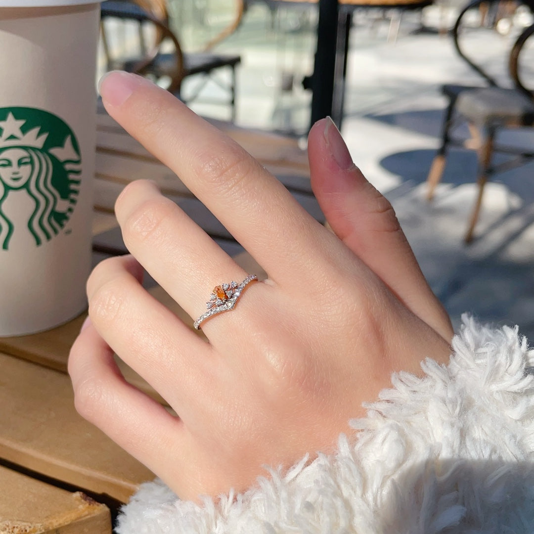 18K White Gold Orange Diamond Delicate Crown Ring - Premium Jewelry - Orange Diamond Ring