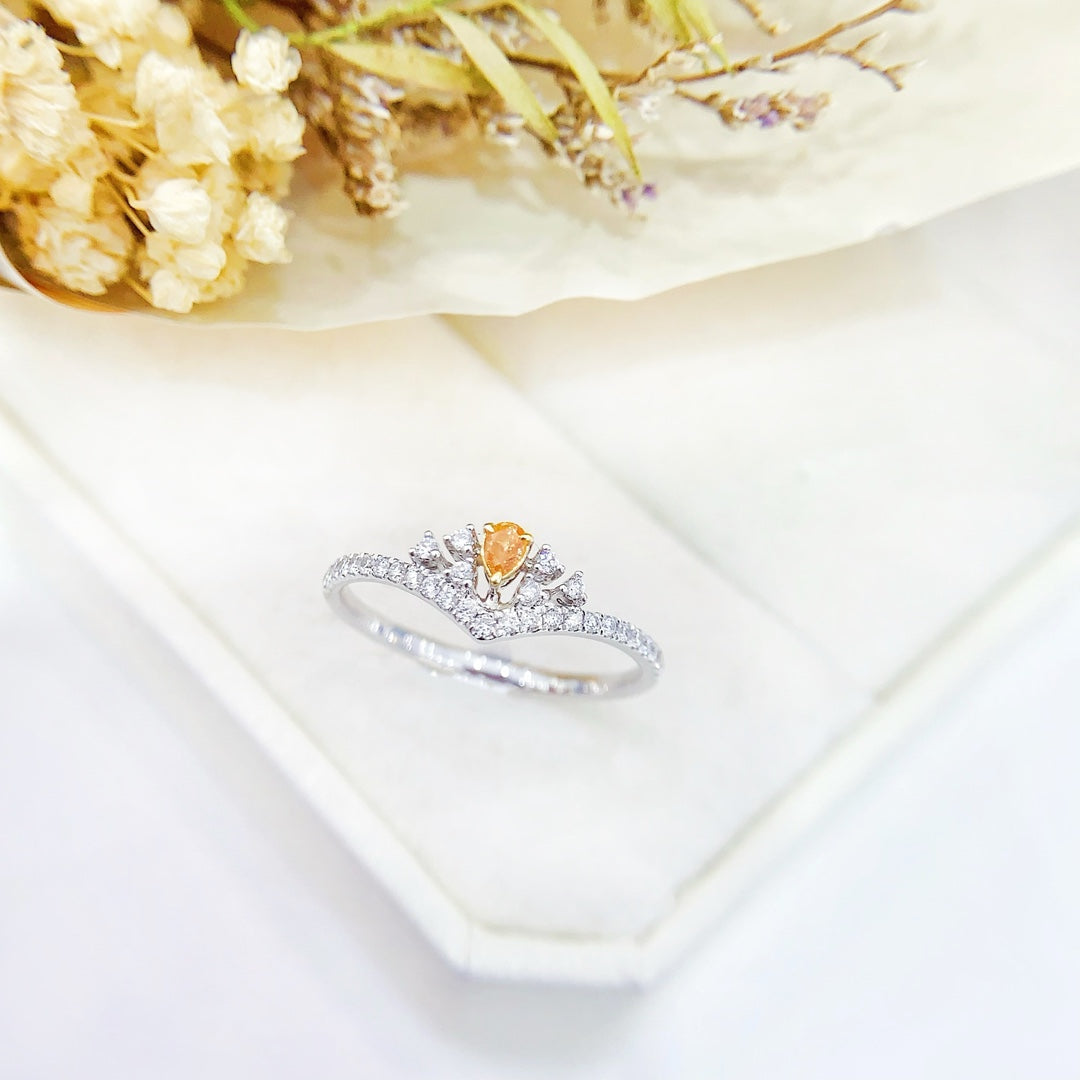 18K White Gold Orange Diamond Delicate Crown Ring - Premium Jewelry - Orange Diamond Ring