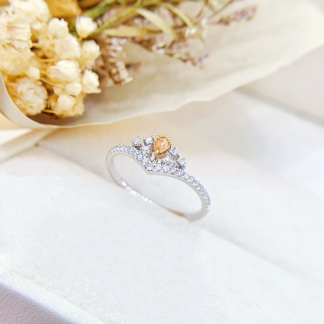 18K White Gold Orange Diamond Delicate Crown Ring - Premium Jewelry - Orange Diamond Ring