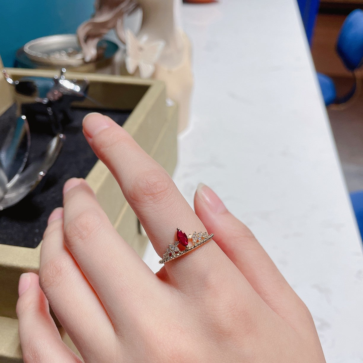 18K Yellow and Red Crown Ring with Horse Eye Stone - Luxury Jewelry - Red Treasure Ring