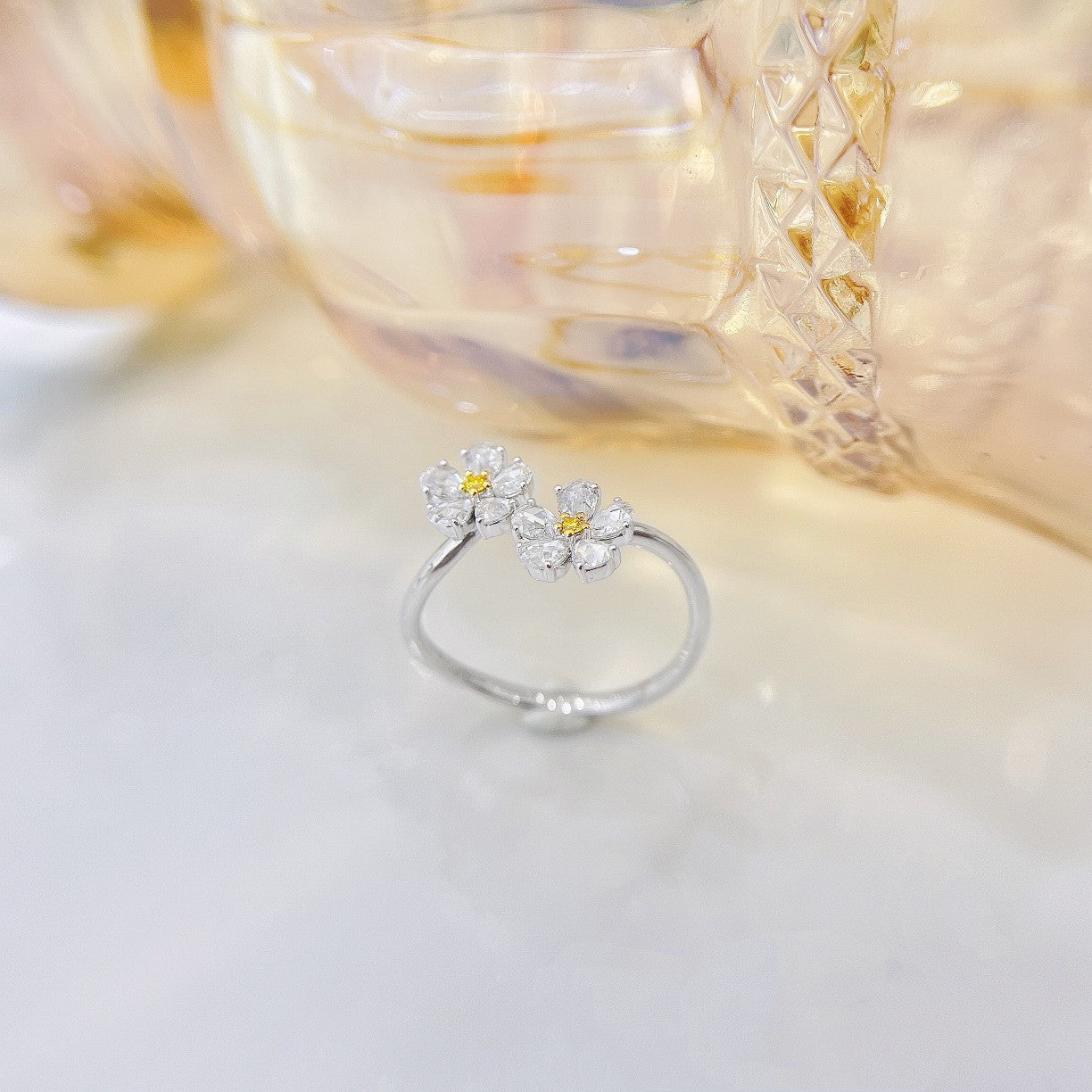 18K Yellow Gold Diamond and Rose Double Flower Ring - Luxurious Jewelry - Yellow Diamond Ring