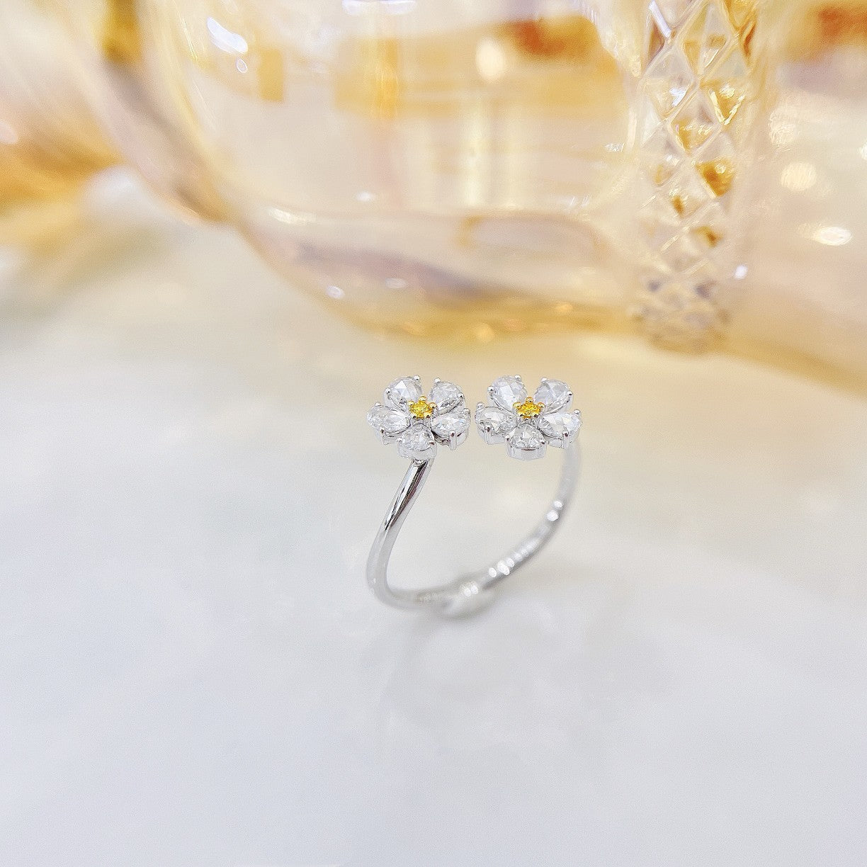 18K Yellow Gold Diamond and Rose Double Flower Ring - Luxurious Jewelry - Yellow Diamond Ring