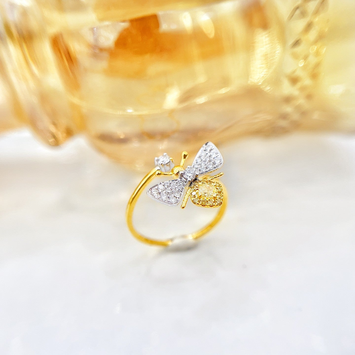 18K Yellow Gold Diamond Bee Ring - Premium Jewelry - Yellow Diamond Ring