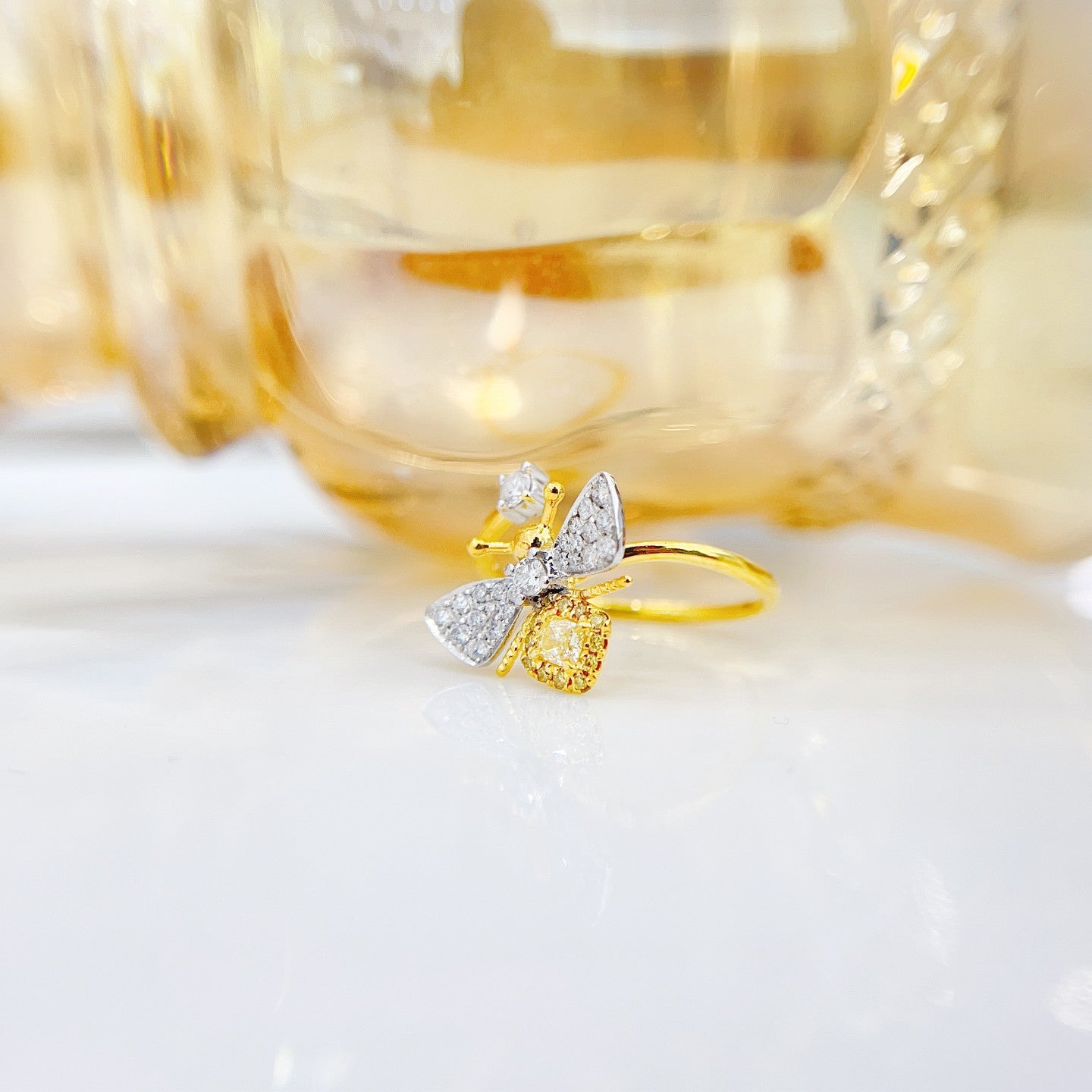 18K Yellow Gold Diamond Bee Ring - Premium Jewelry - Yellow Diamond Ring