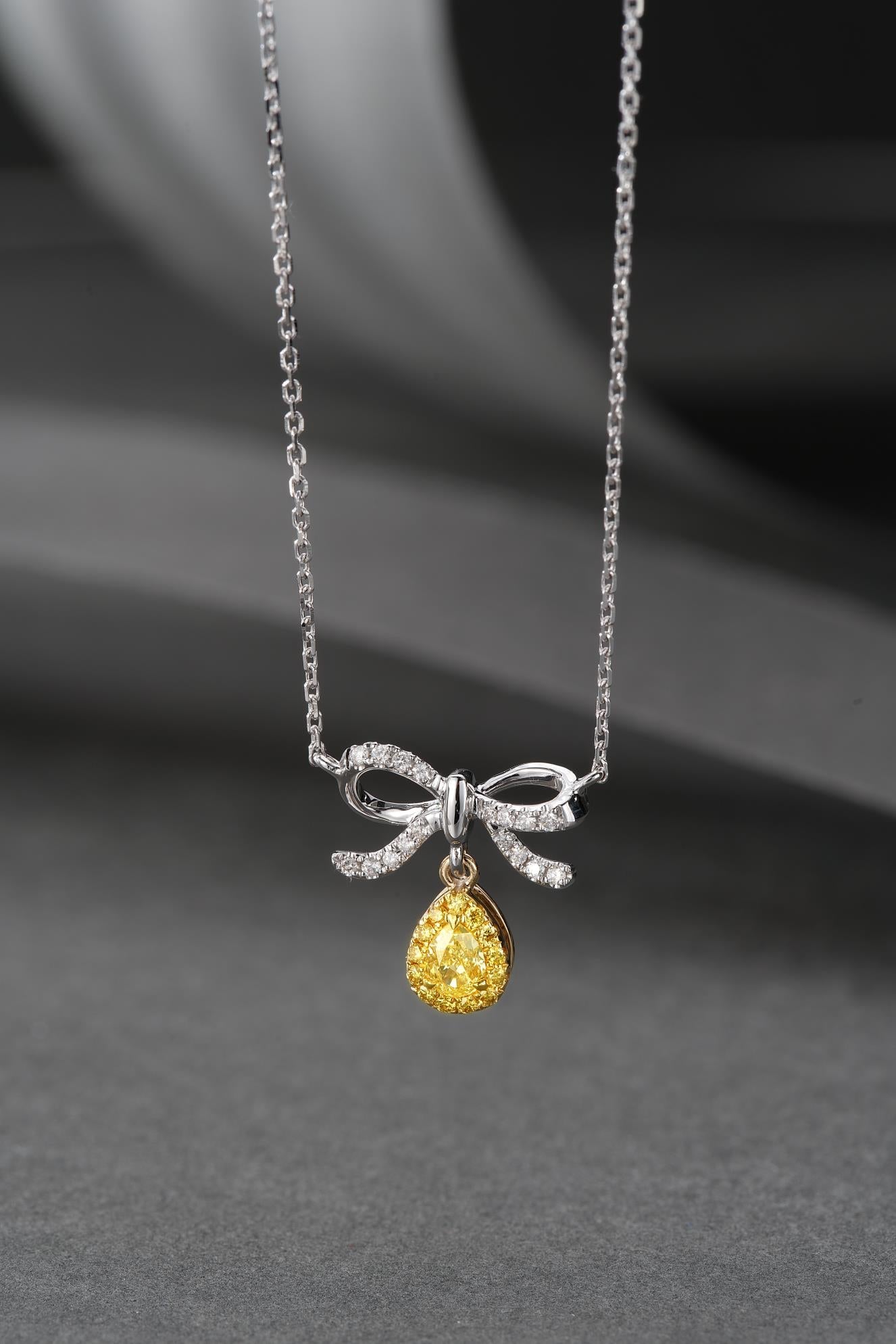 18K Yellow Gold Diamond Bowknot Pendant Necklace - Luxurious Jewelry - Yellow Diamond Necklace