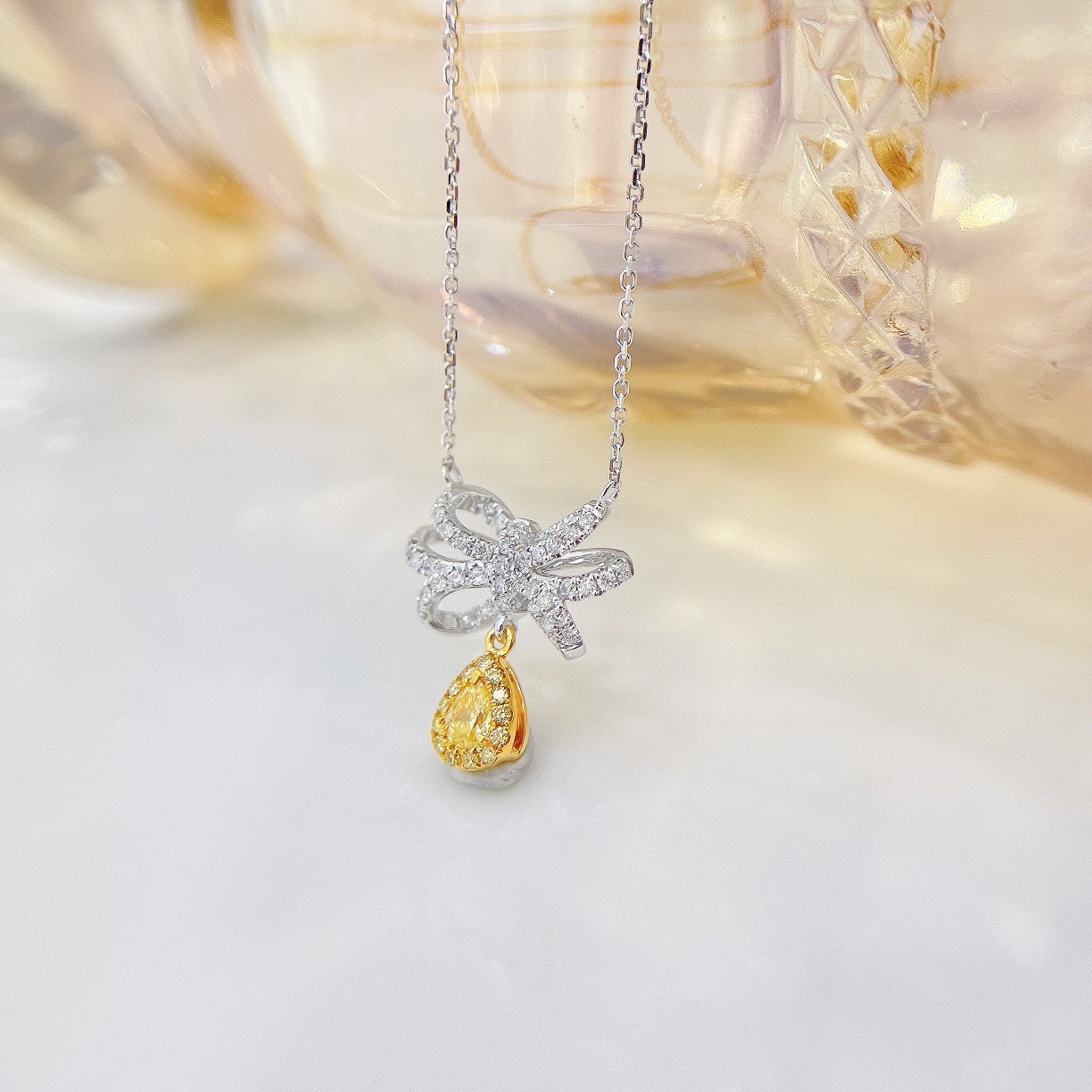 18K Yellow Gold Diamond Bowknot Pendant Necklace - Luxurious Jewelry - Yellow Diamond Necklace