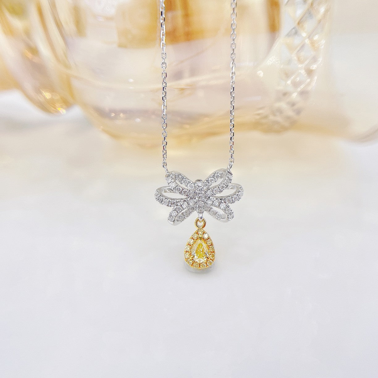 18K Yellow Gold Diamond Bowknot Pendant Necklace - Luxurious Jewelry - Yellow Diamond Necklace