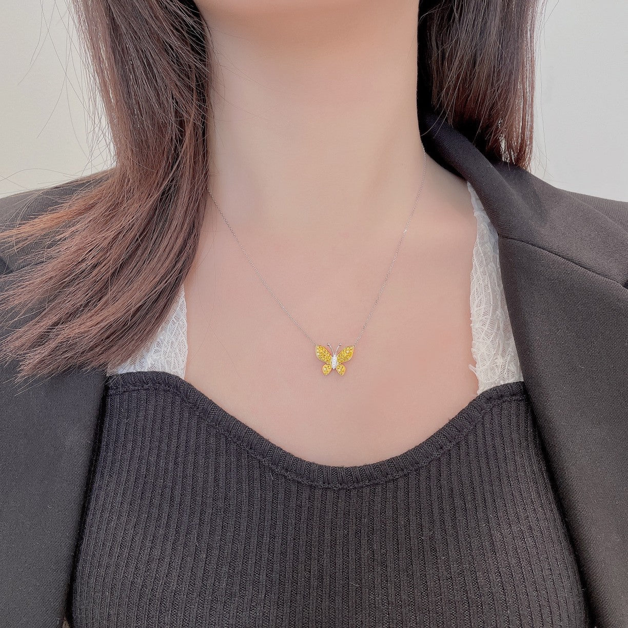 18K Yellow Gold Diamond Butterfly Necklace - Elegant Jewelry Piece - Yellow Diamond Necklace