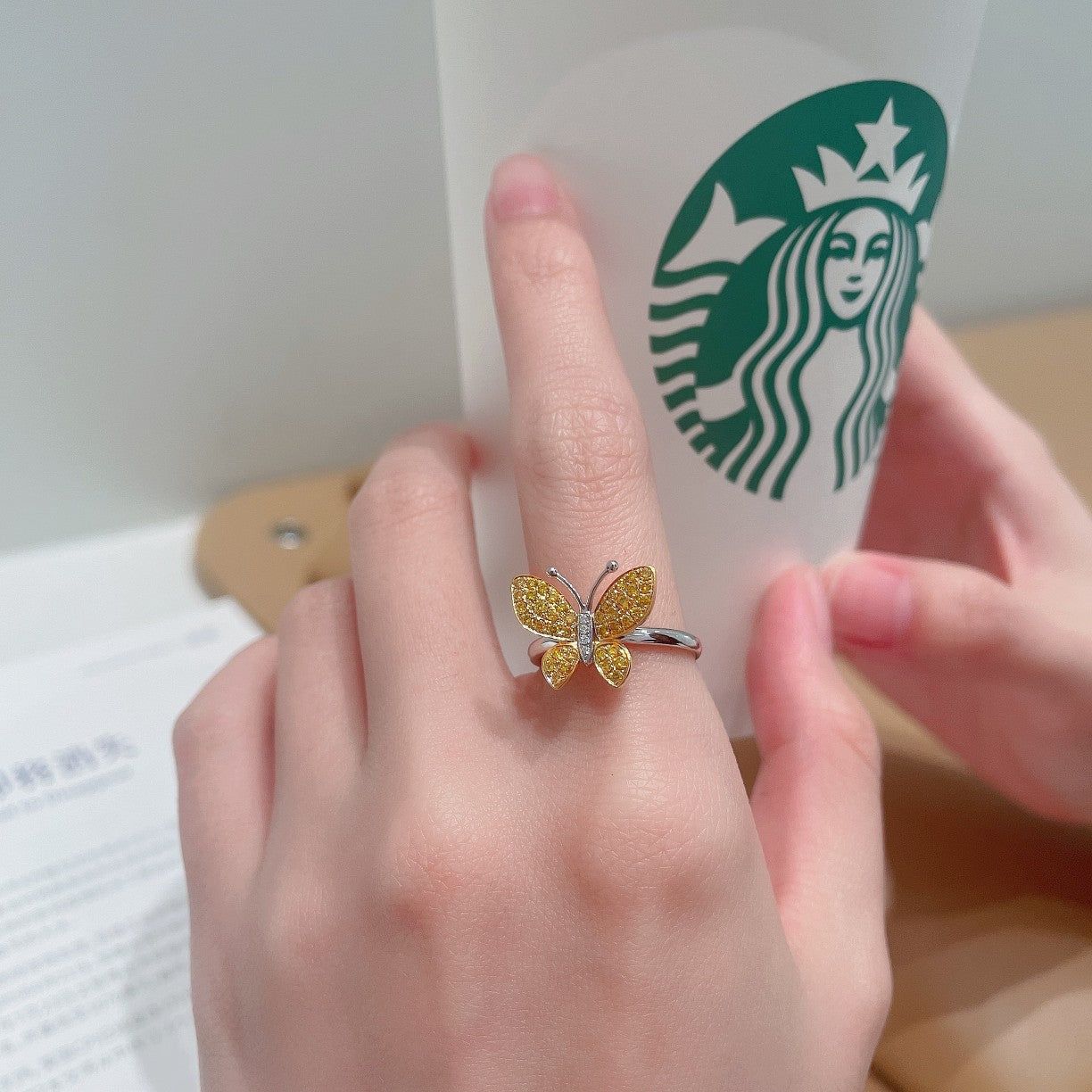 18K Yellow Gold Diamond Butterfly Ring - Luxurious Jewelry Piece - Yellow Diamond Ring