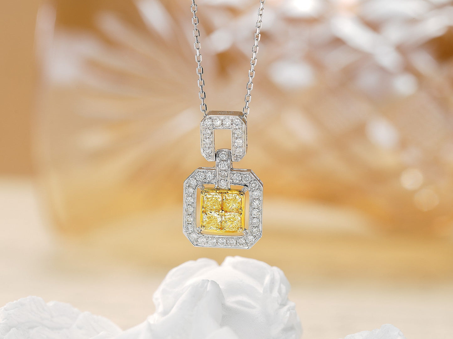 18K Yellow Gold Diamond Cluster Pendant Necklace - Luxurious Jewelry - Yellow Diamond Necklace