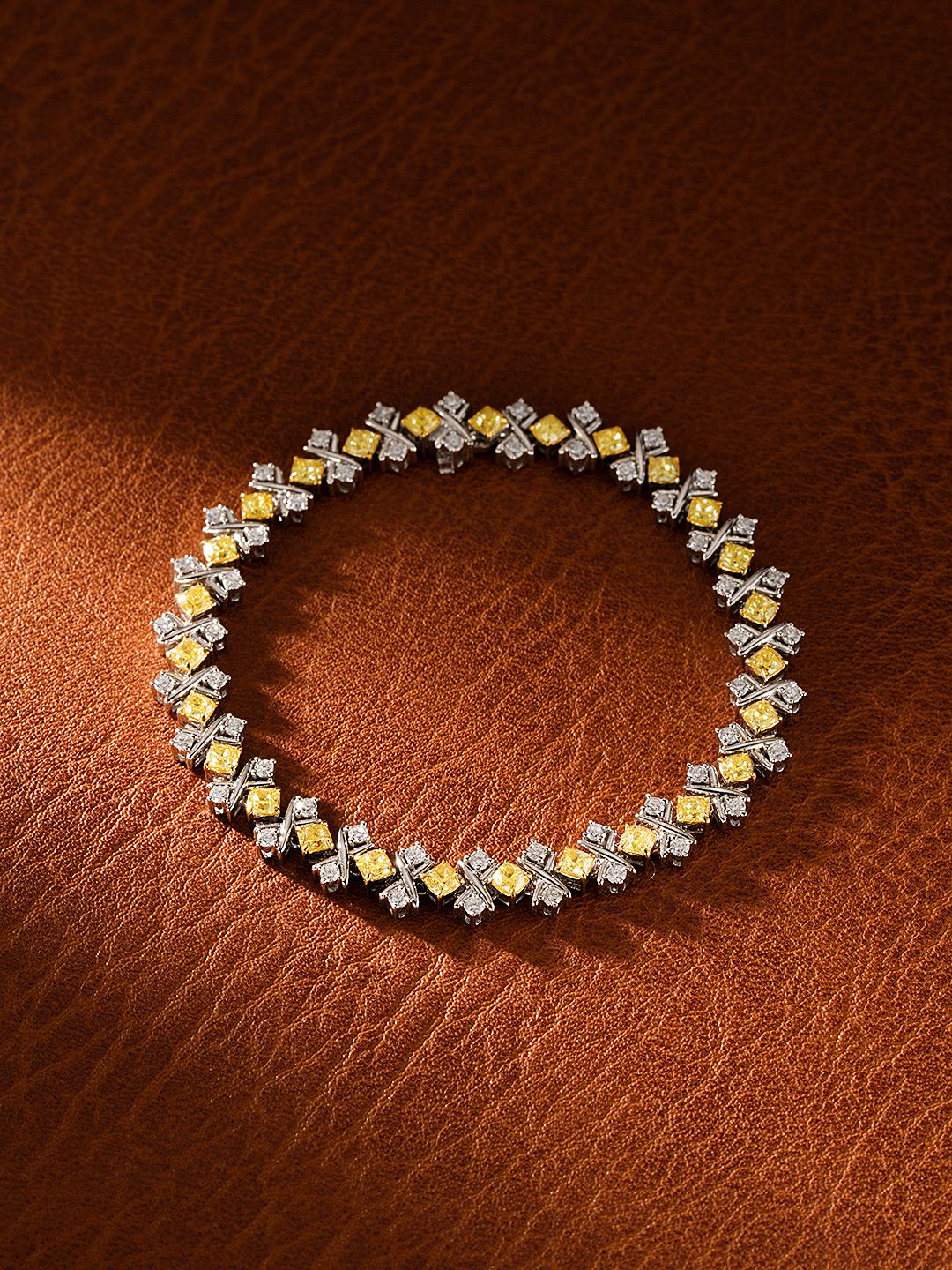 18K Yellow Gold Diamond Cushion and Diamond Baguette Bracelet - Luxury Jewelry - Yellow Diamond Bracelet