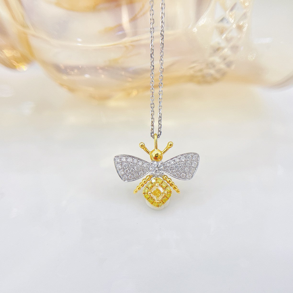 18K Yellow Gold Diamond Cushion Bee Pendant Necklace - Yellow Diamond Necklace