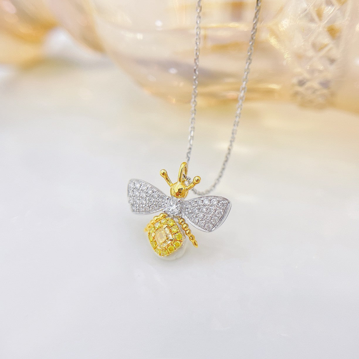 18K Yellow Gold Diamond Cushion Bee Pendant Necklace - Yellow Diamond Necklace